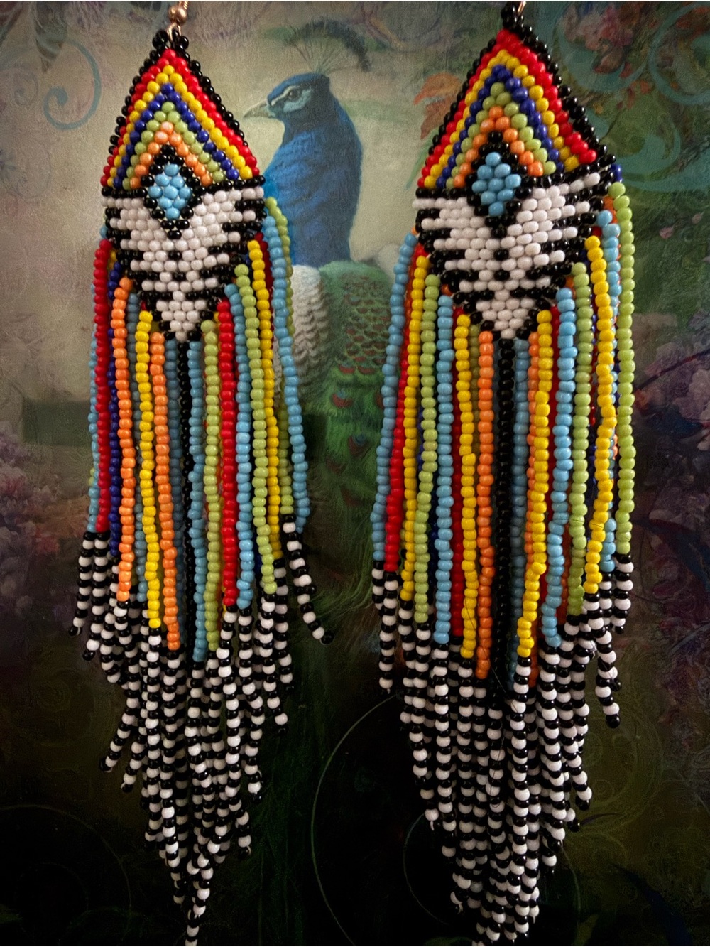 Handmade Artisan Multicolor Seed Bead Fringe Statement Earrings